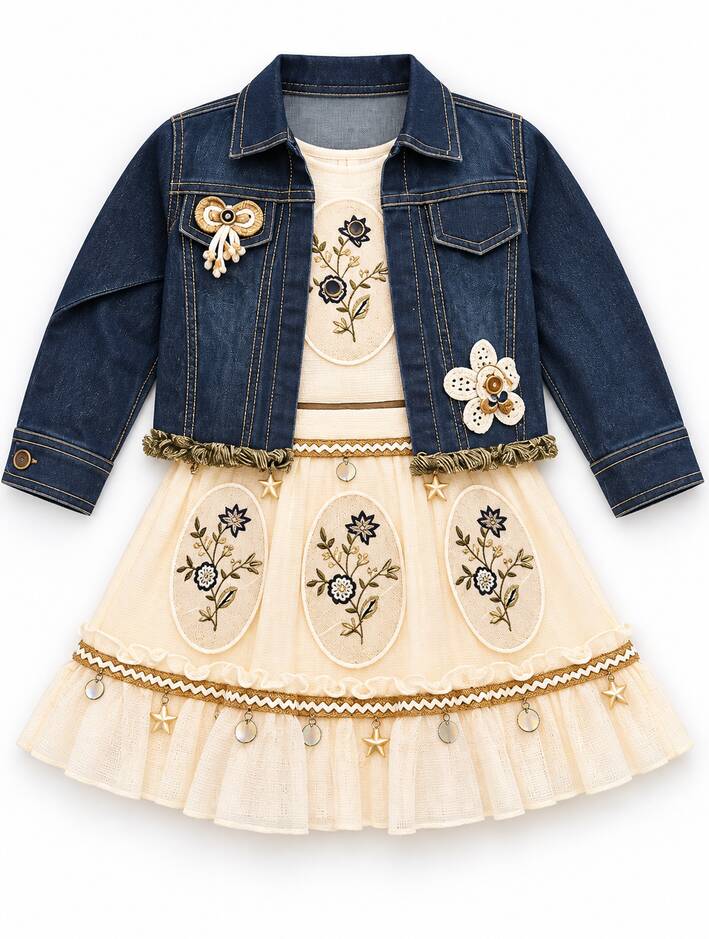 Girls Cream Embroidered Dress with Blue Denim Jacket