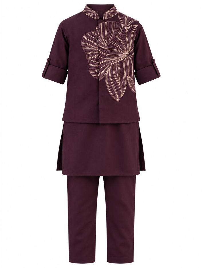 Boys Maroon Floral Embroidered Jacket, Kurta and Trousers 3-Piece Set (Shoes Not Included)