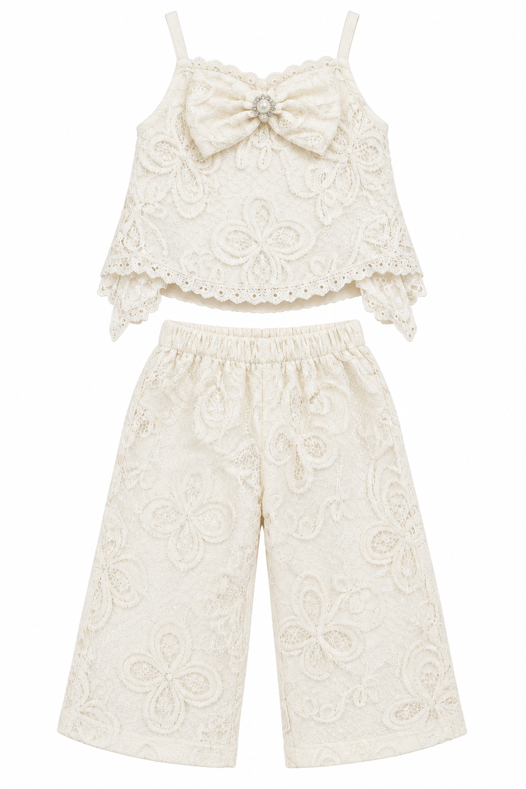 Girls Cream Floral Lace Bow Top and Palazzo Pants Set (Shoes Not Included)