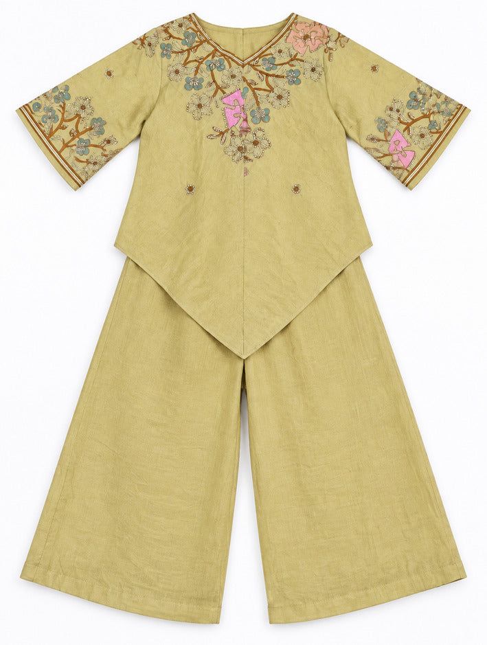 Girls Yellow Embroidered Kurti and Palazzo Set