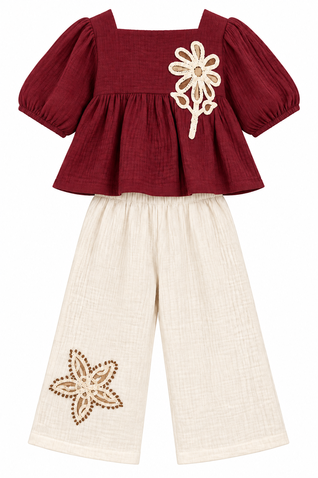 Girls Red Daisy Applique Top and Cream Palazzo Pants Set (Shoes Not Included)