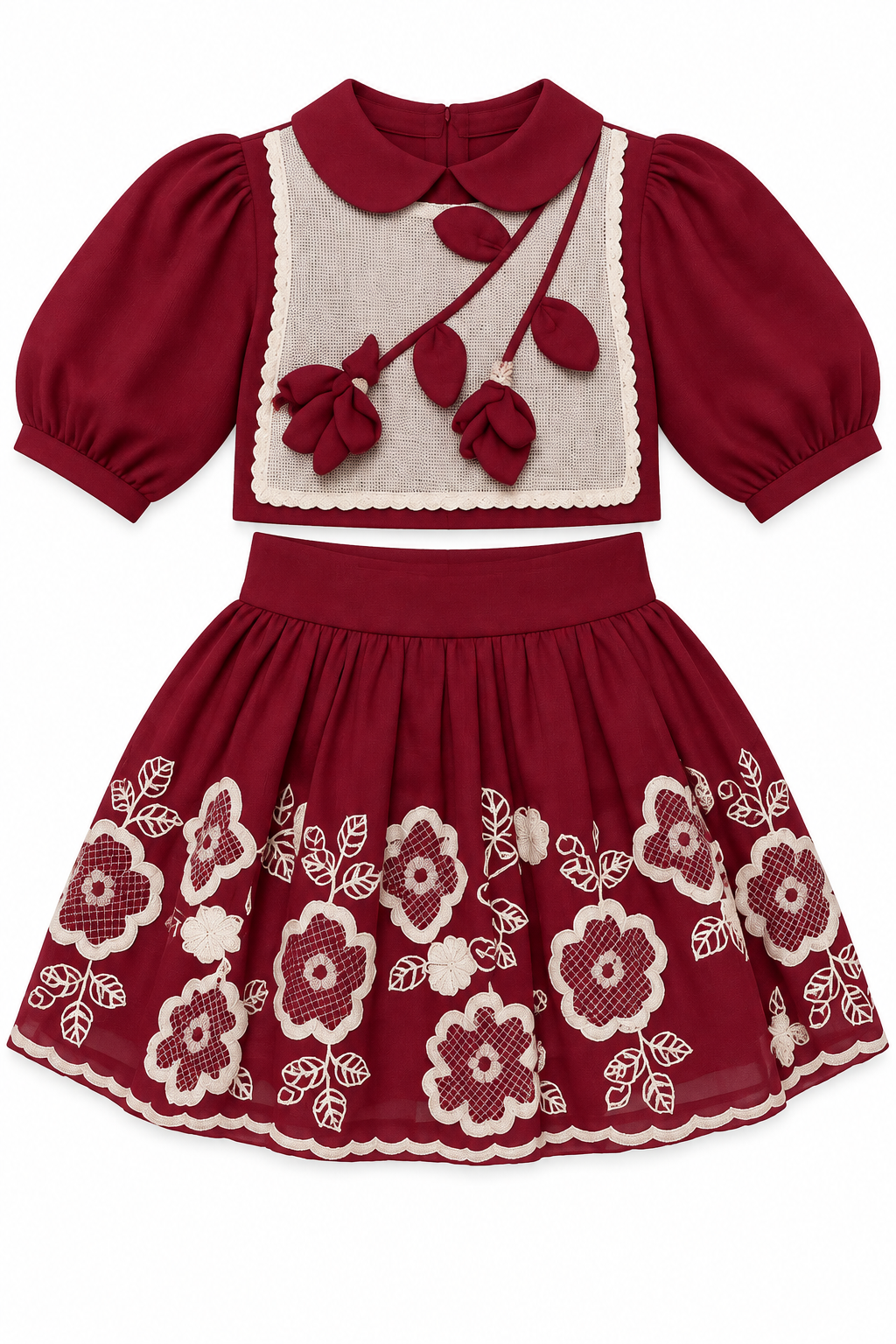Girls Red Floral Bib Top and Embroidered Skirt Set (Shoes Not Included)