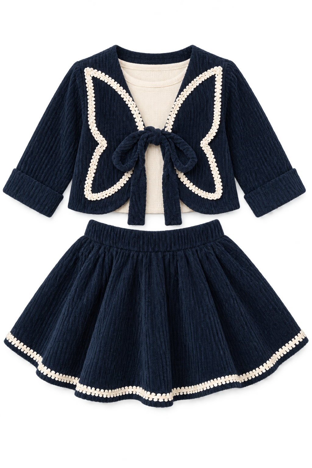 Girls Blue Bow-Front Jacket and Flared Skirt Set (Shoes Not Included)
