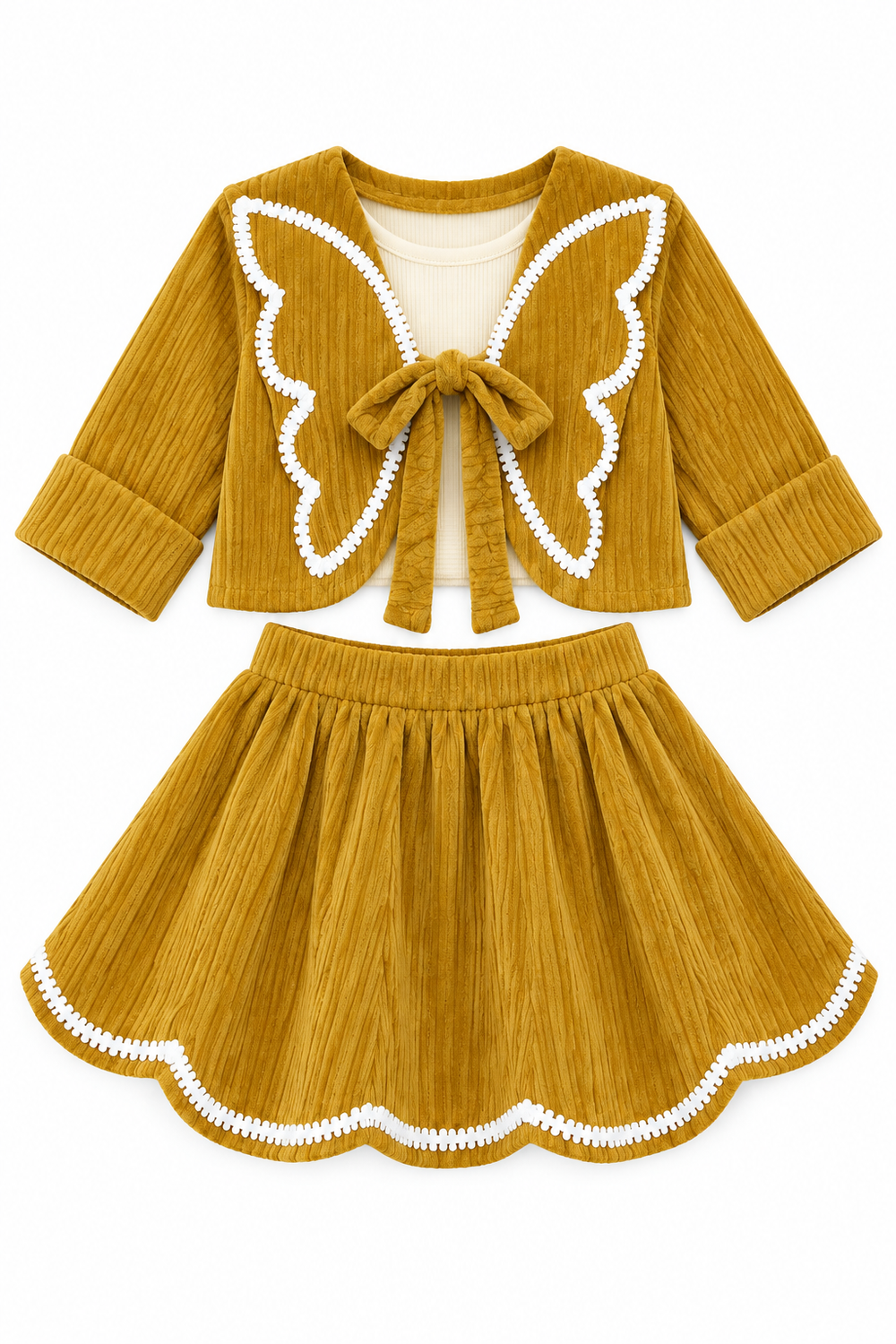 Girls Mustard Bow-Front Jacket and Flared Skirt Set (Shoes Not Included)
