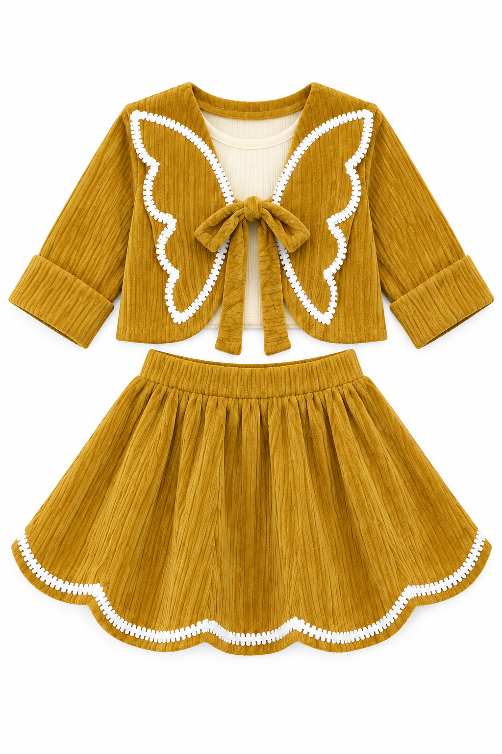 Girls Mustard Bow-Front Jacket and Flared Skirt Set (Shoes Not Included)