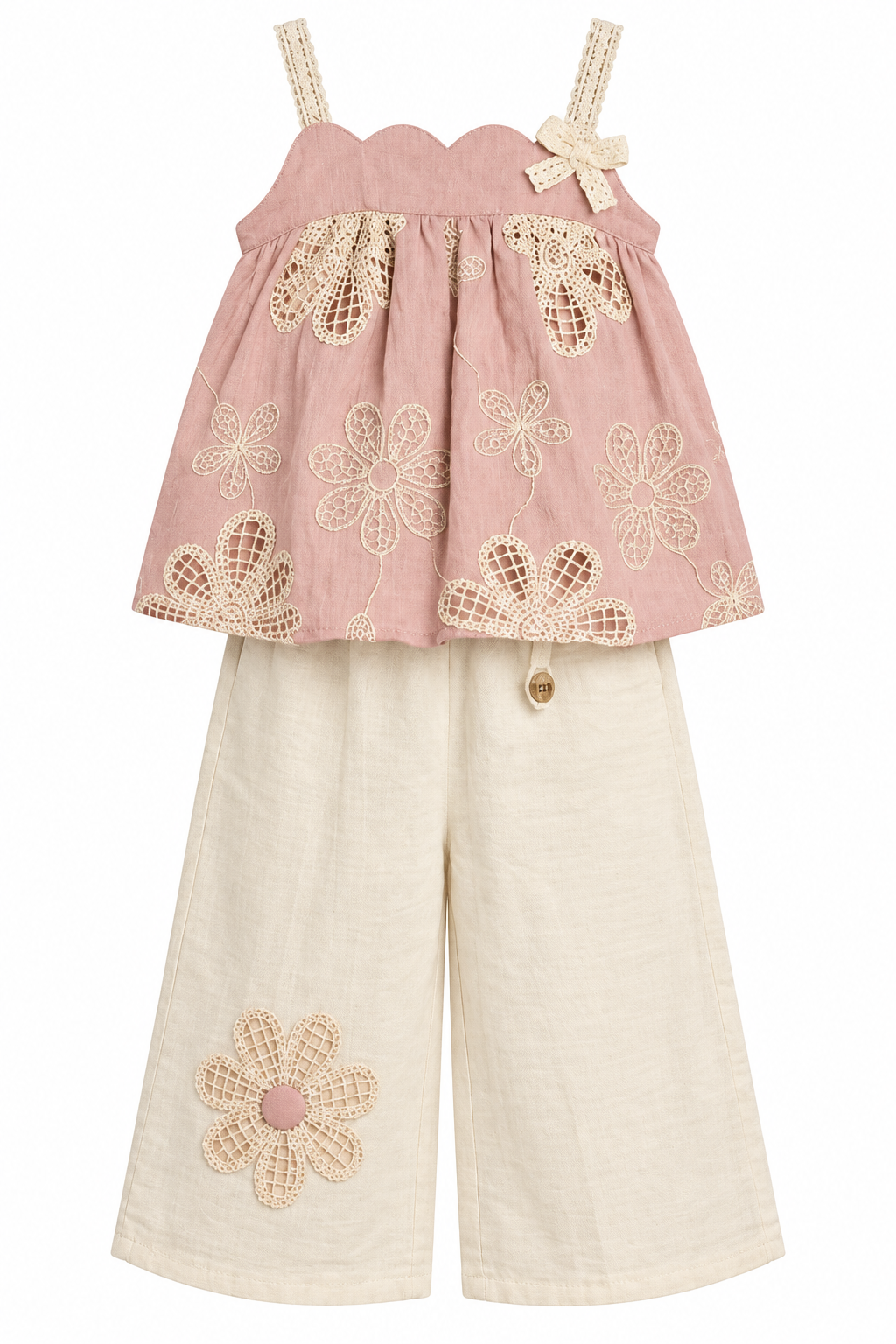 Girls Peach Floral Lace Top and Cream Palazzo Pants Set (Shoes Not Included)
