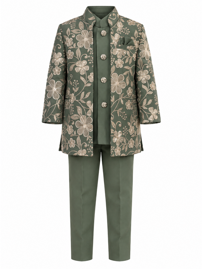 Boys Green Floral Jacket, Kurta and Trouser Set