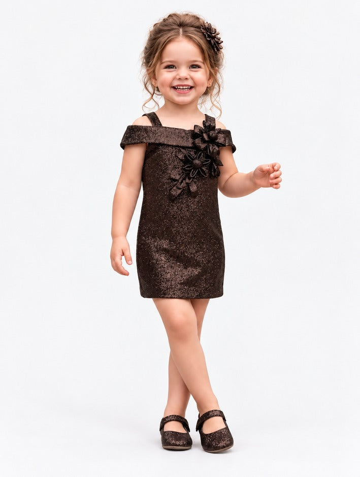 Girls Brown Shimmer Cold-Shoulder Dress with Floral Applique (Shoes Not Included)