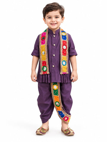 Boys Purple Kurta, Dhoti and Mirror-Work Dupatta Set
