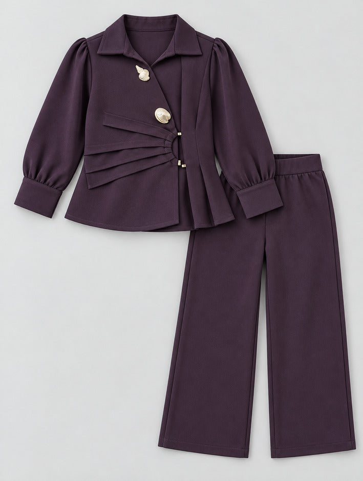 Girls Wine Asymmetric Wrap Shirt and Wide Leg Pants Set