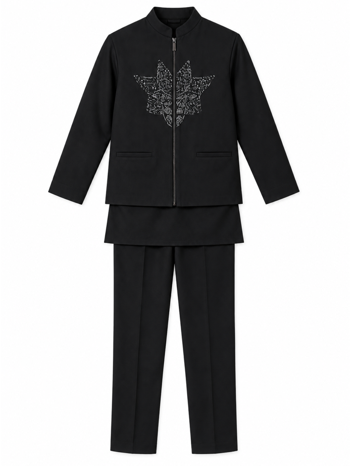Boys Black Silver Leaf Embroidered Jacket, Kurta and Trousers 3-Piece Set (Shoes Not Included)