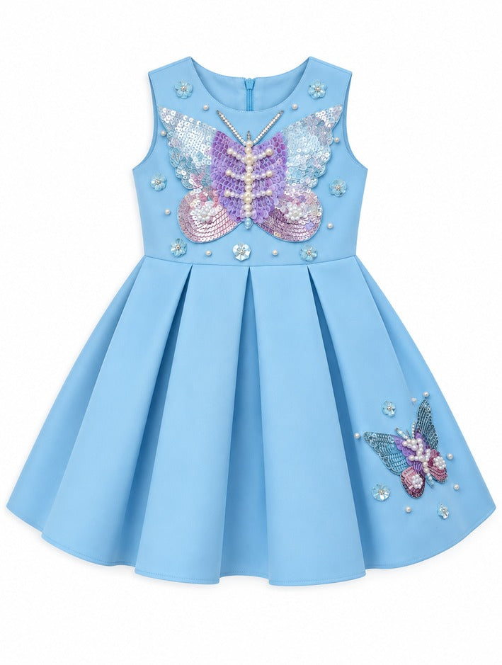 Girls Light Blue Butterfly Sequin Party Frock