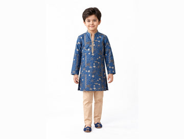 Boys Blue Floral Kurta and Beige Pajama Set
