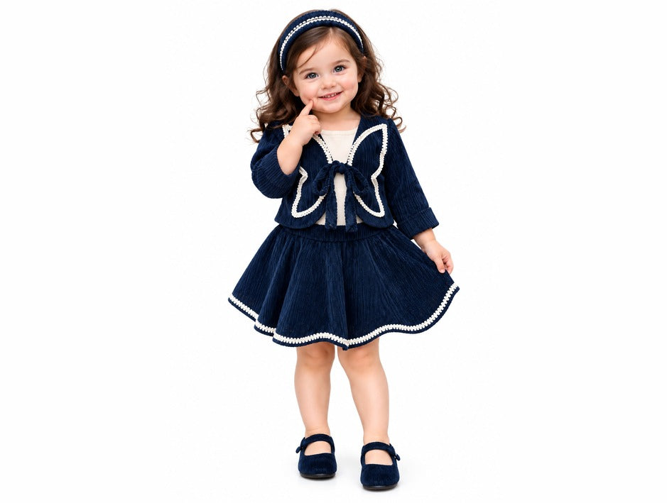 Girls Blue Bow-Front Jacket and Flared Skirt Set (Shoes Not Included)