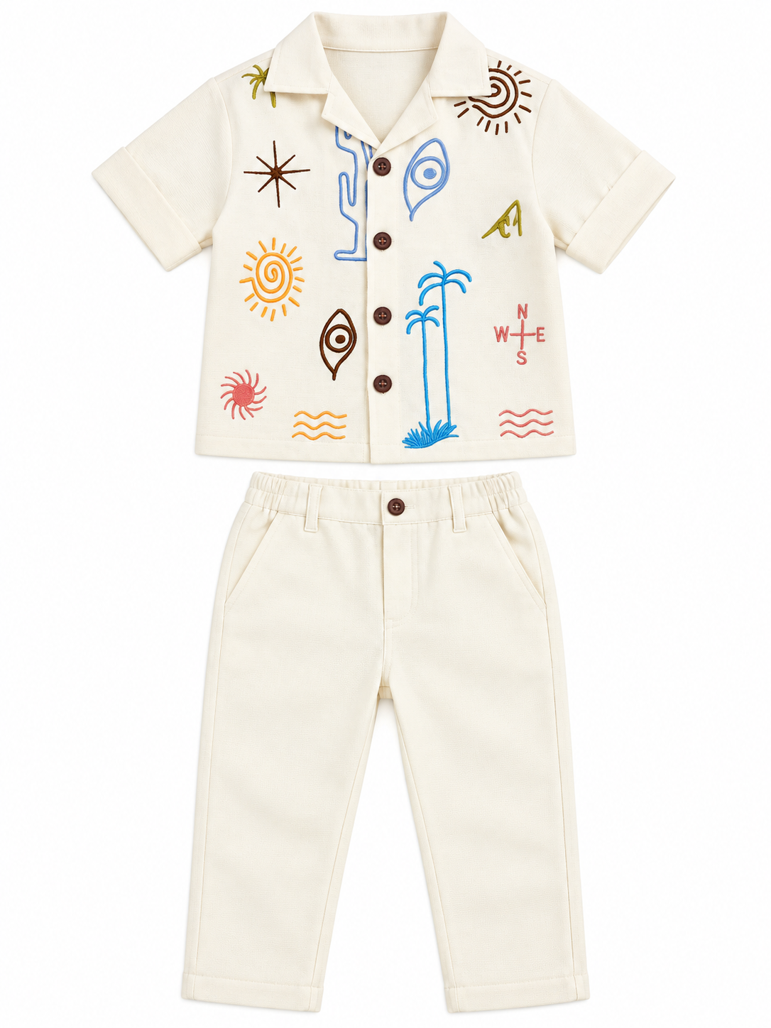 Boys White Embroidered Shirt, T-Shirt and Pants Set