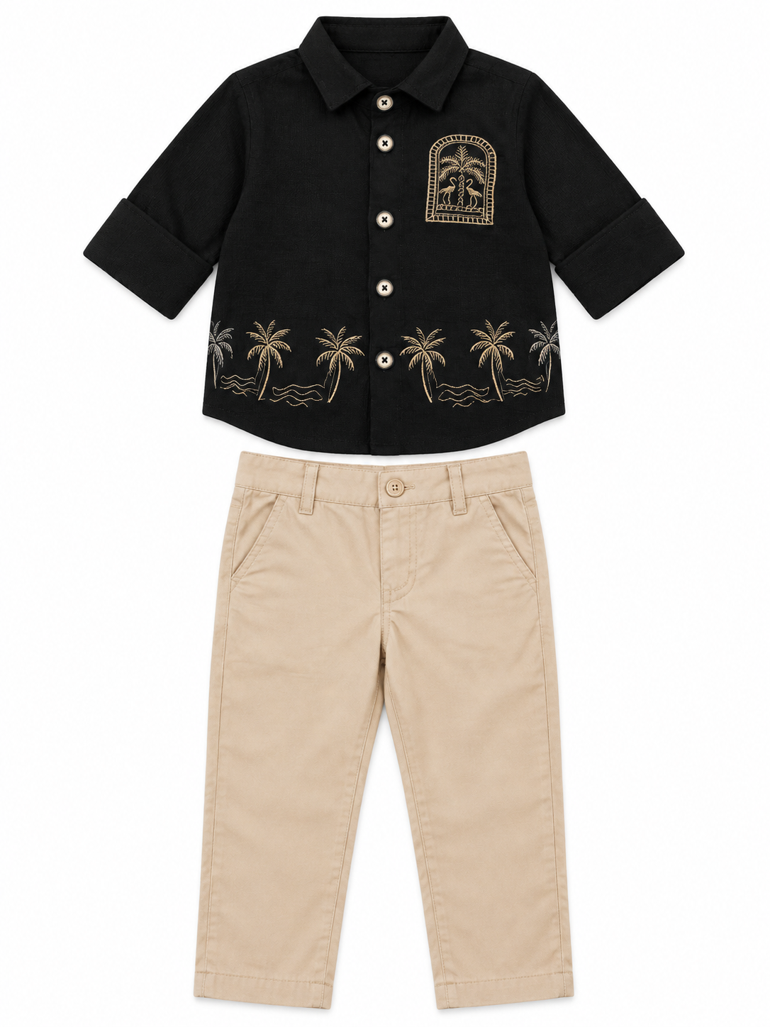 Boys Black Palm Embroidered Shirt and Beige Pants Set