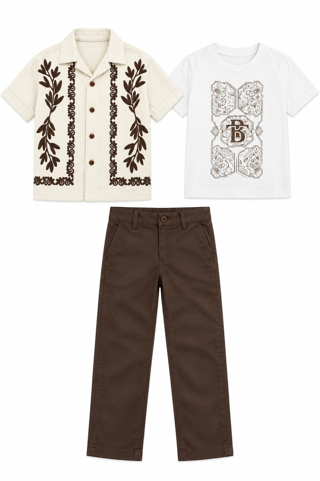 Boys Brown Leaf Print Overshirt, Graphic T-shirt and Pants Set (Shoes Not Included)