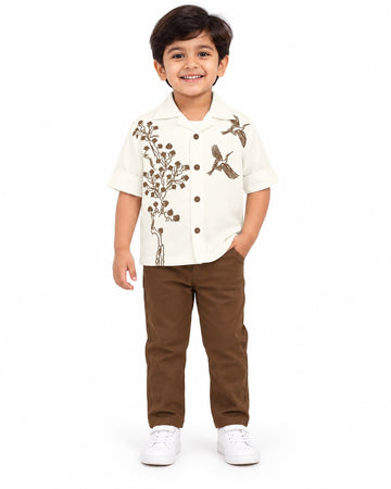 Boys White Bird Embroidered Shirt and Brown Pants Set