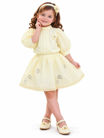 Girls Yellow Embroidered Puff-Sleeve Top and Skirt Set