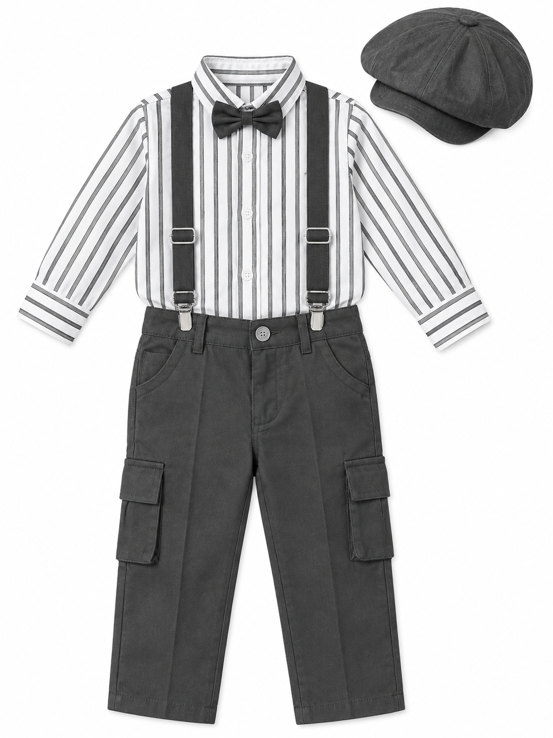 Boys Striped Shirt and Gray Pants Set with Bow Tie and Suspenders