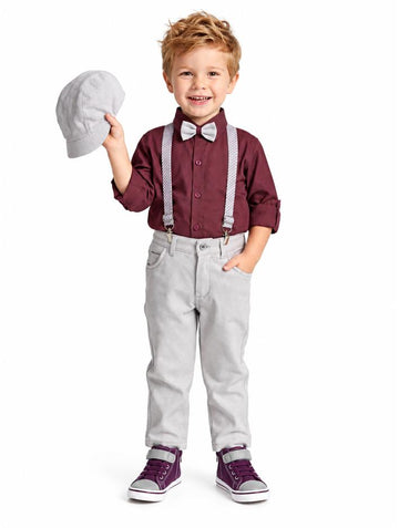 Boys Wine Shirt and Grey Pants Set with Bow Tie and Suspenders