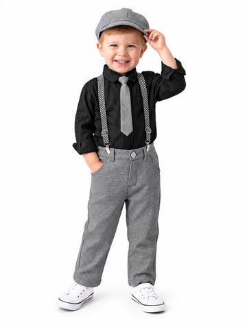 Boys Black Shirt and Grey Pants Set with Tie and Suspenders (Shoes Not Included)