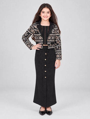 Girls Black Embroidered Jacket With Crop Top and Long Skirt Set