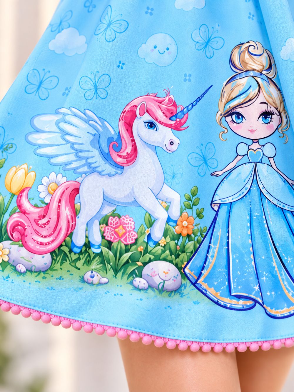 Girls Blue Unicorn Print Dress with Sling Bag