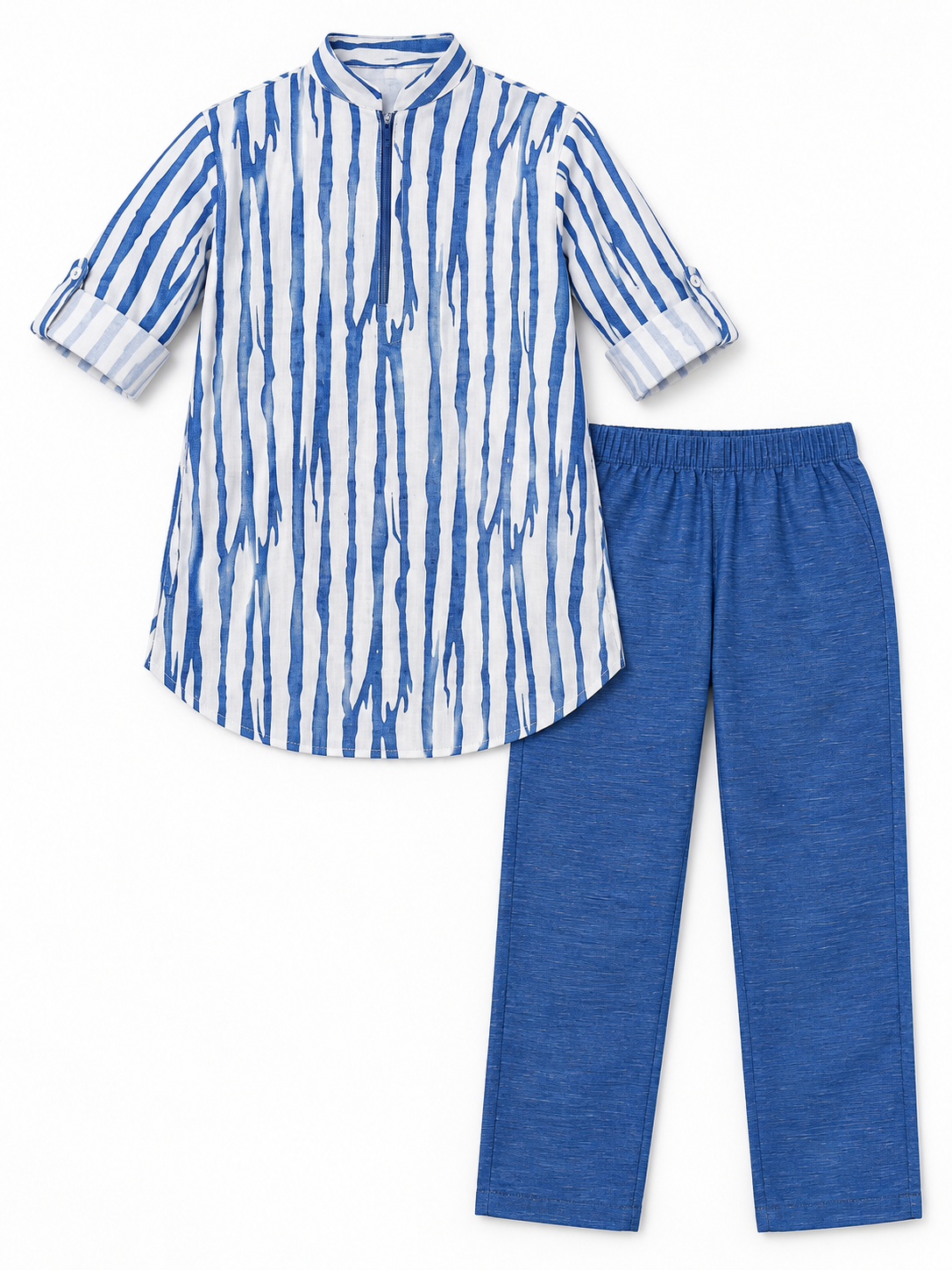 Boys White Striped Kurta and Blue Pajama Set