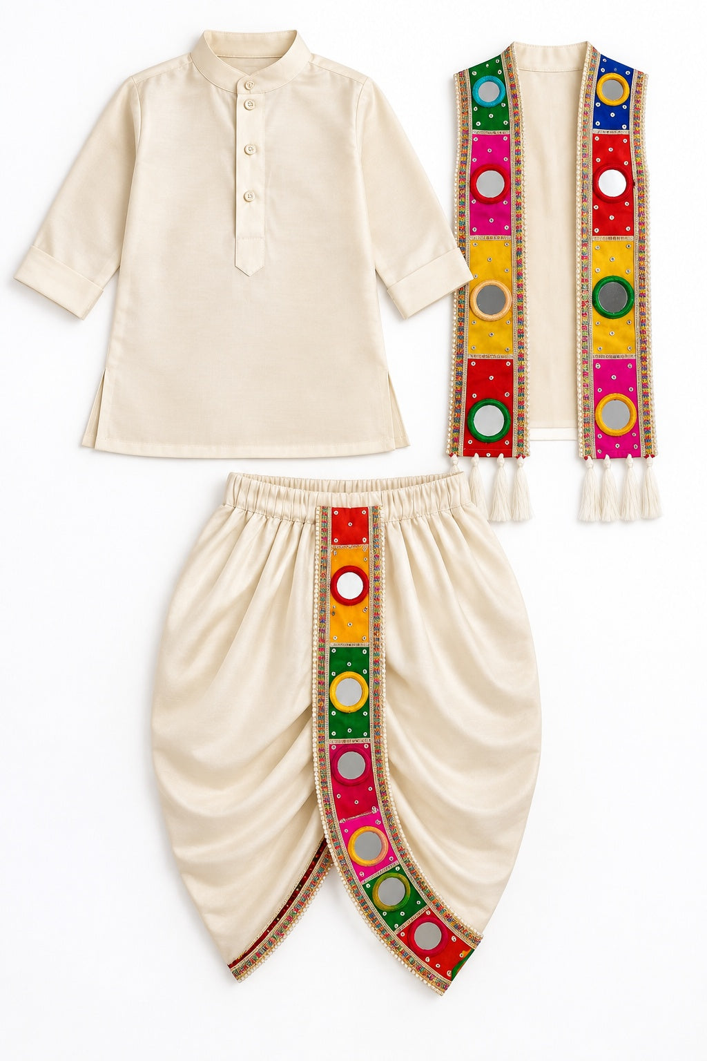 Boys Cream Kurta, Dhoti and Mirror-Work Dupatta Set (Shoes Not Included)
