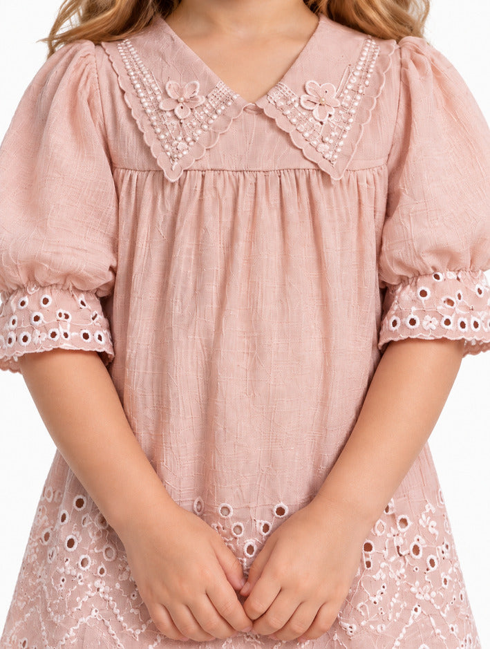 Girls Peach Frock with Cutwork Hem and Puff Sleeves