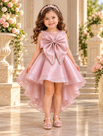 Girls Pink Satin Party Frock with Big Bow