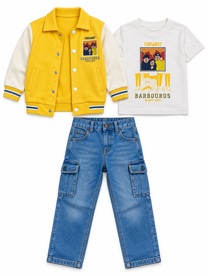 Boys Yellow Varsity Jacket, Graphic T-Shirt and Denim Cargo Jeans Set