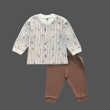 Zero Knitted Full Sleeves T-Shirt & Pajama Leeging Suit Brown
