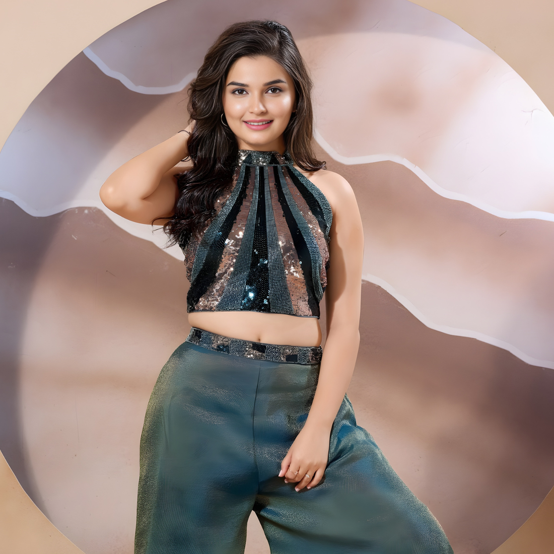 Girls Partywear Green Palazzo Suit with Sando Shaped Crop Top