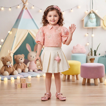 Girls Floral Printed Top with Peach Pleated Skirt Set