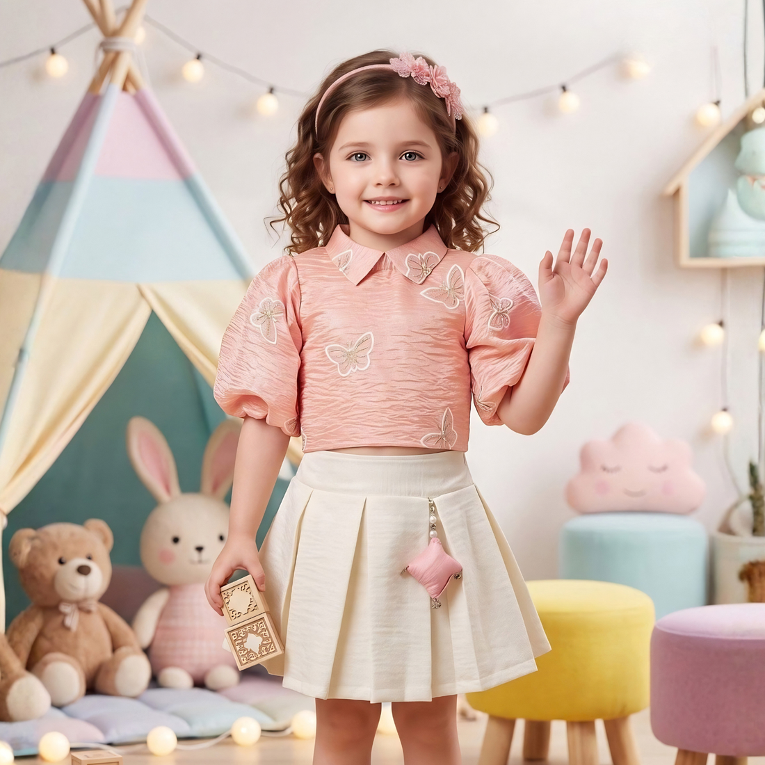 Girls Floral Printed Top with Peach Pleated Skirt Set