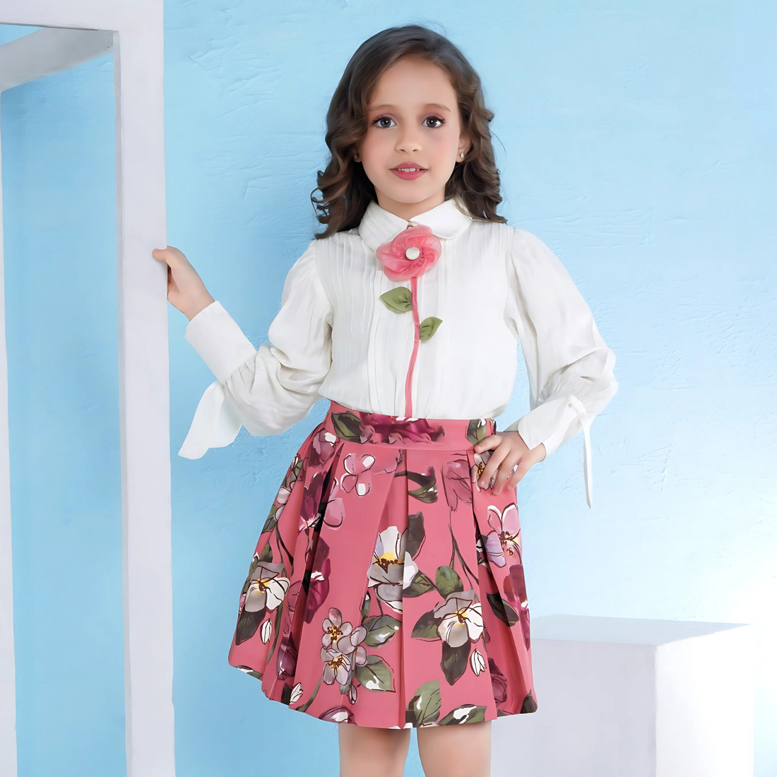 Girls Stylish Floral Print Skirt with Top