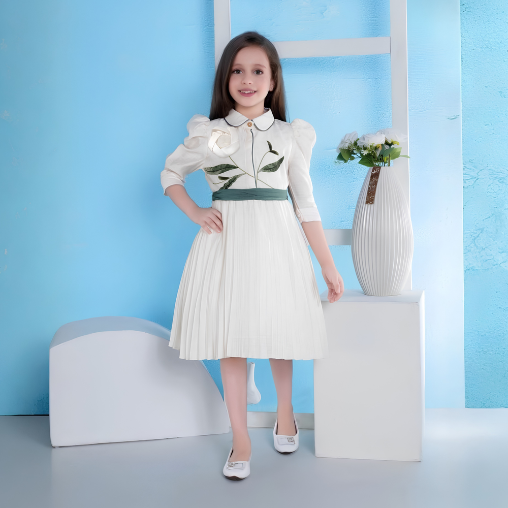 Cream Linen Silk Spiral Applique Printed Frock
