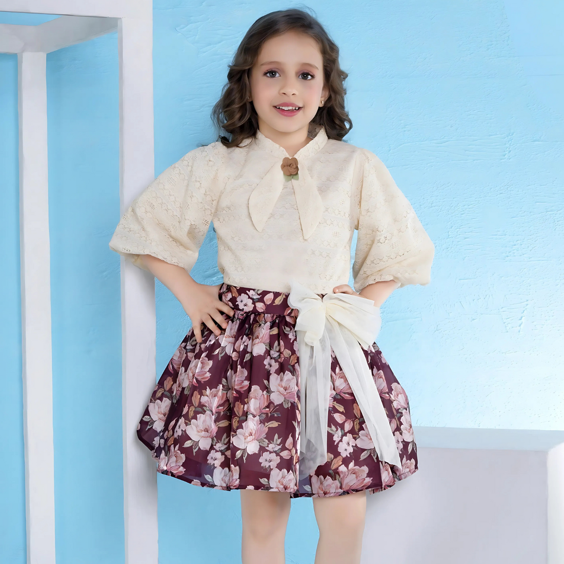 Girls Stylish Floral Print Skirt with Top