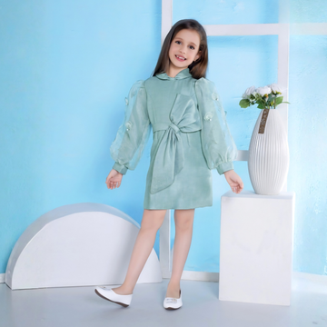 Sea Green  Woven Full Puffed Sleeves Bow Frock