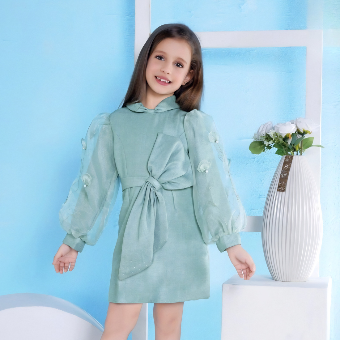 Sea Green  Woven Full Puffed Sleeves Bow Frock