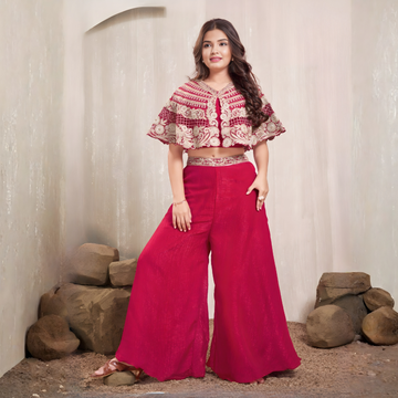 Girls Rani Ethnic Palazzo Set with Poncho Style Crop Top