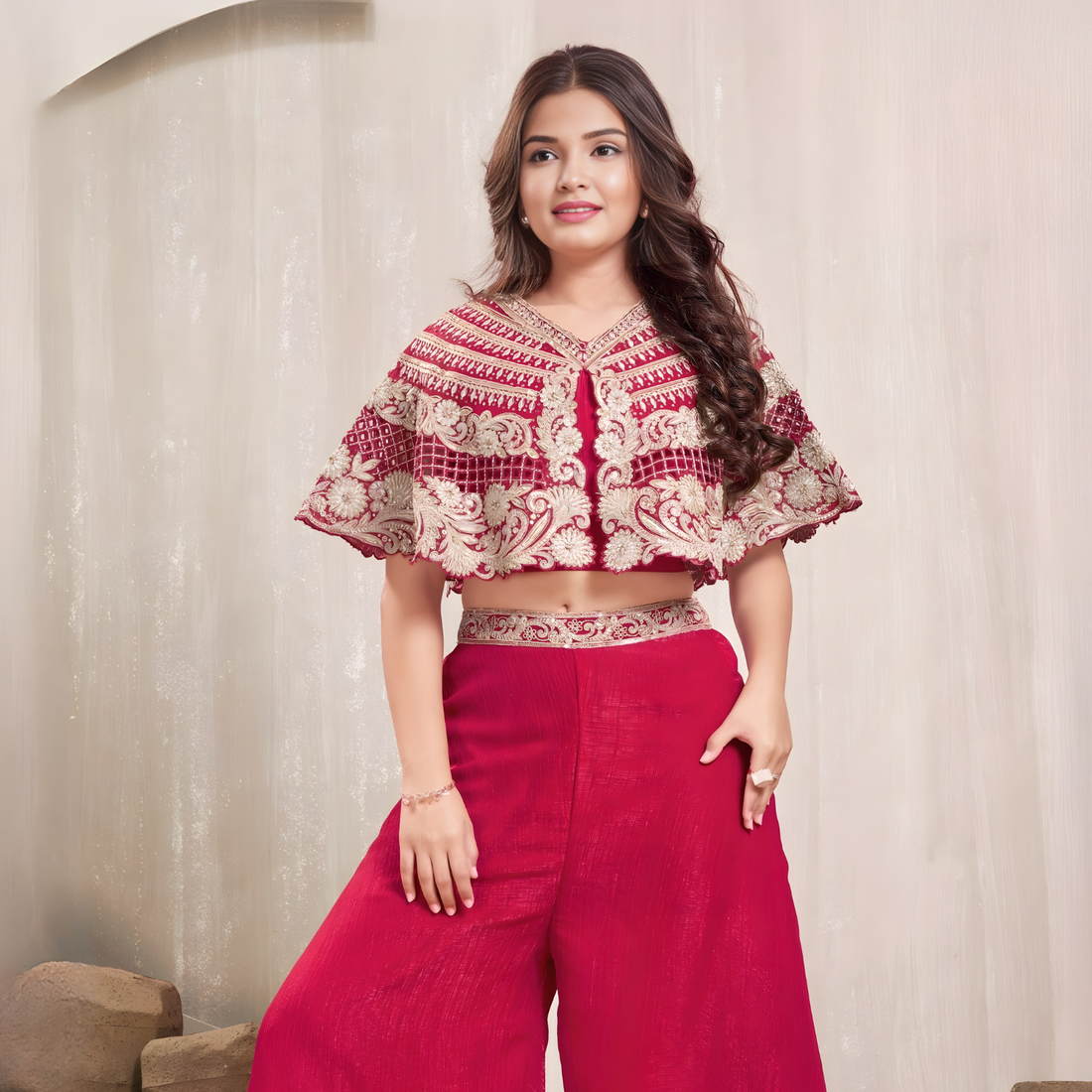 Girls Rani Ethnic Palazzo Set with Poncho Style Crop Top