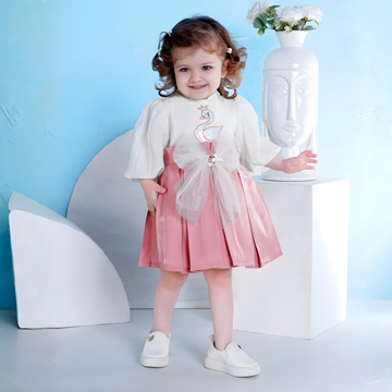 Silk Girls White Rose Gold Party Wear Frock