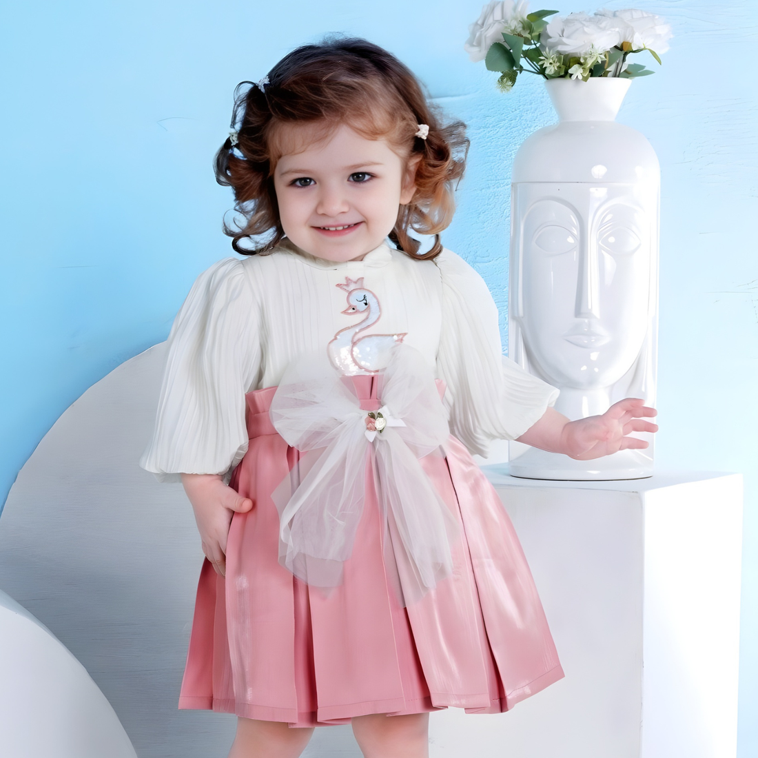 Silk Girls White Rose Gold Party Wear Frock