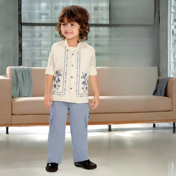 Boys Cream Floral Printed Full Suit