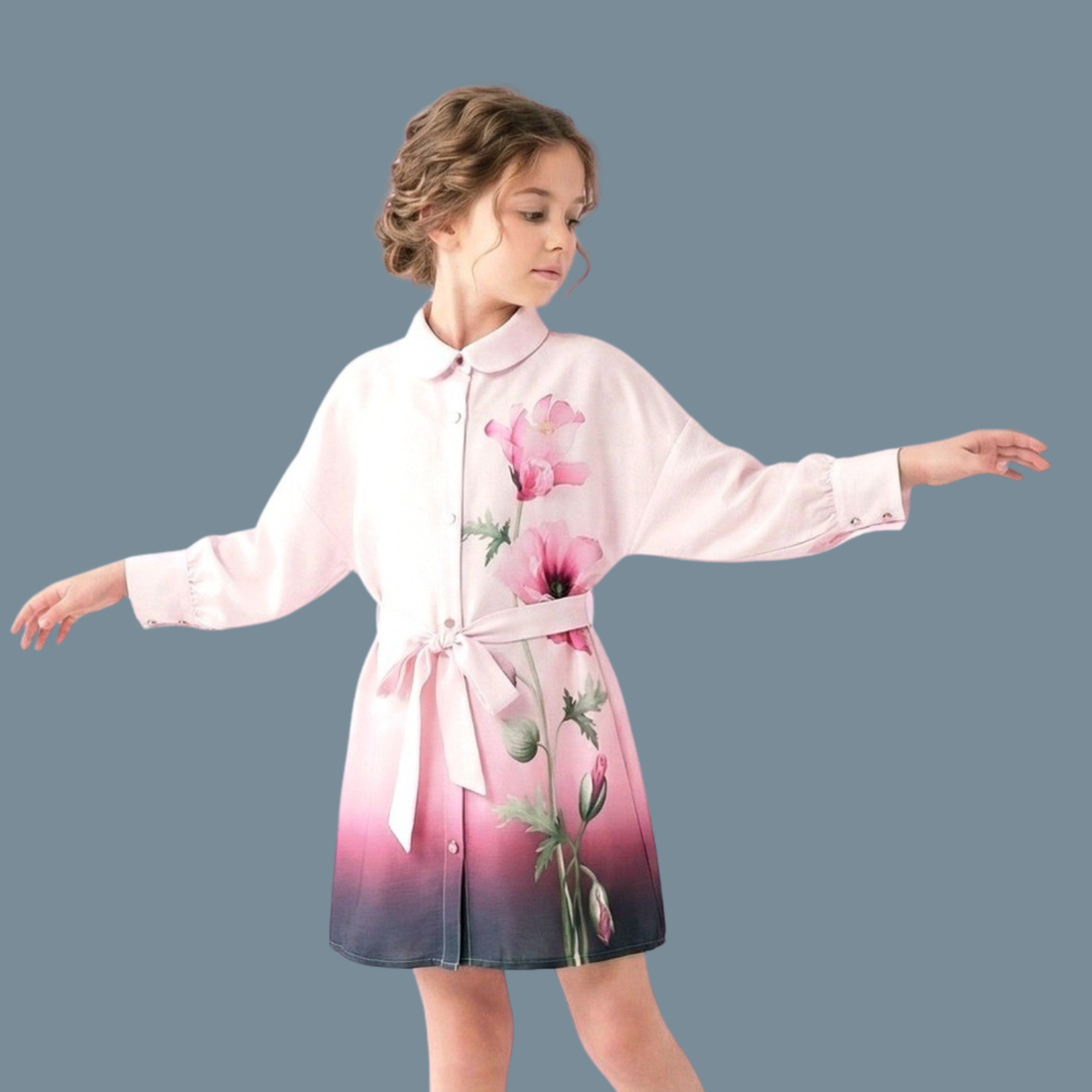 Girls Floral Printed Puff Sleeves Knee Length Frock