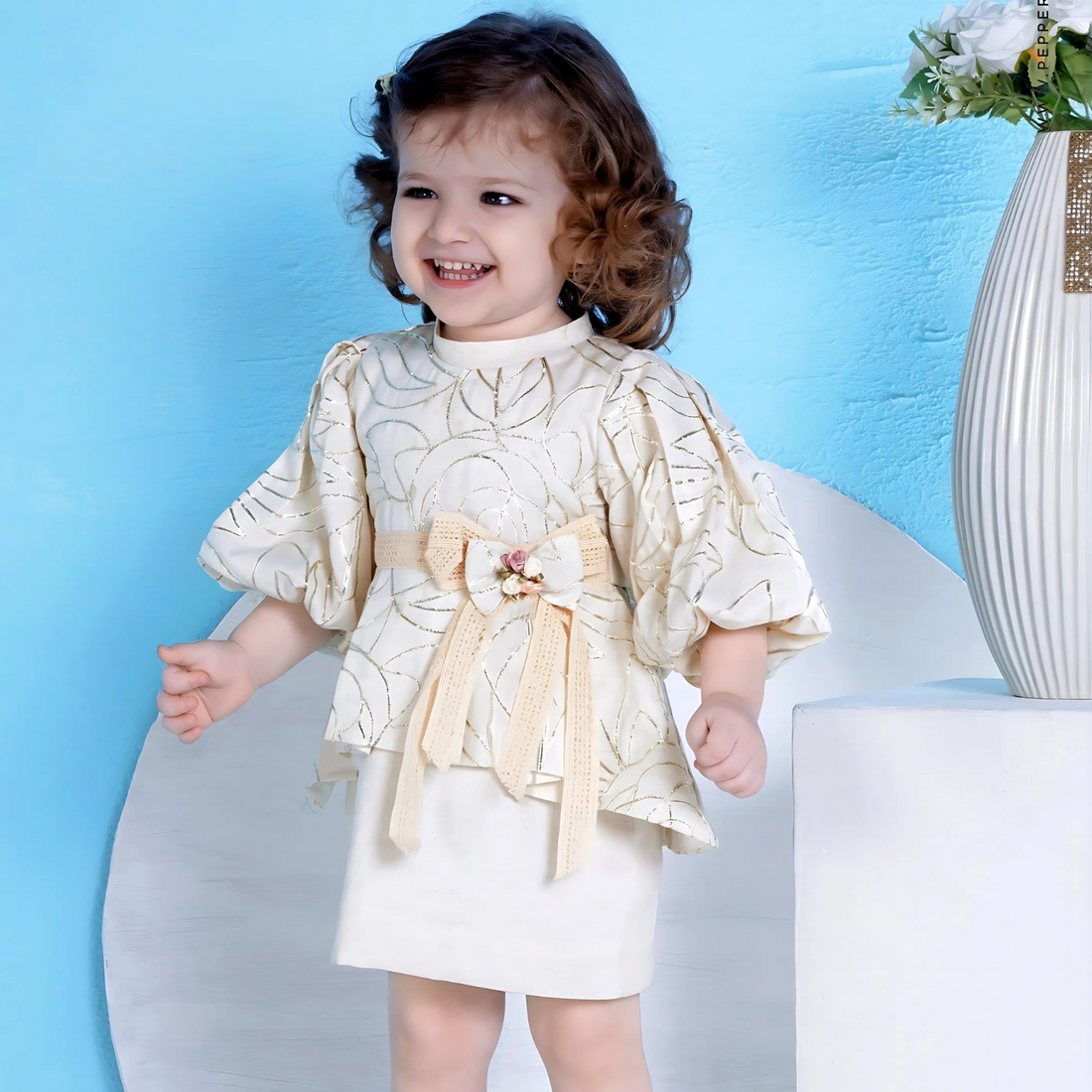Beige with Digital Print Short Frock For Girls