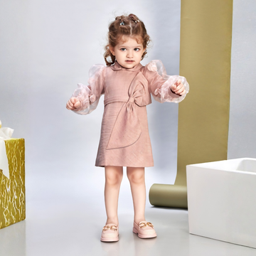Woven Full Puffed Sleeves Bow Frock